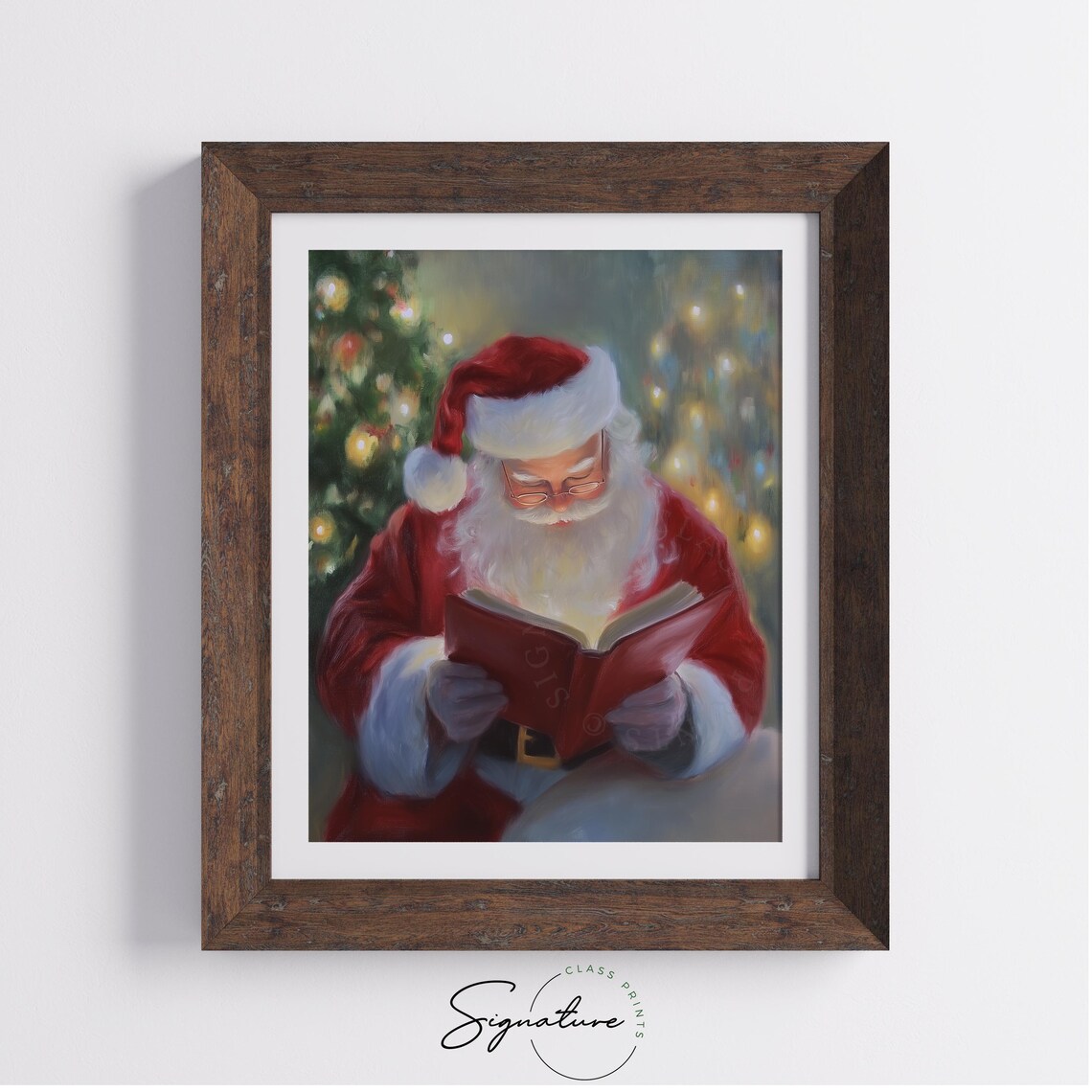 Santa Claus Reading Book Christmas Lights Painting Holiday Poster - Image 5