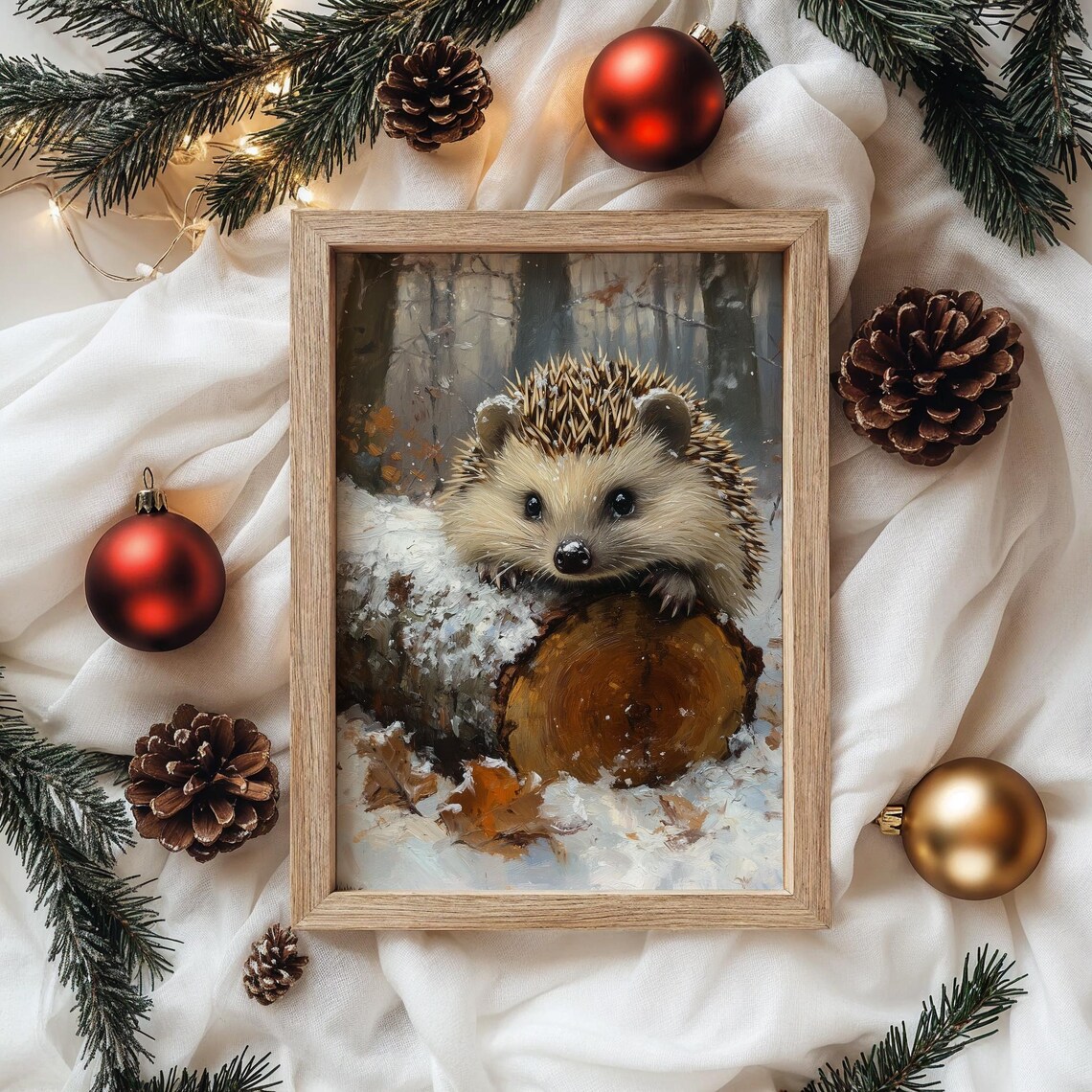 Cute Hedgehog Snowy Log Winter Woodland Forest Animal Oil Painting Poster - Image 4
