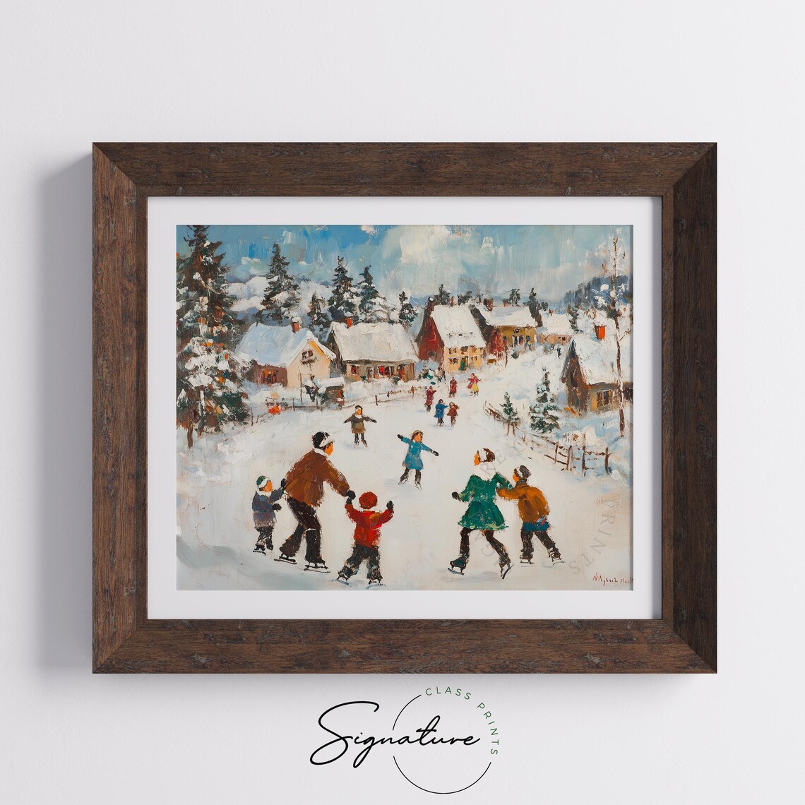 Families Ice Skating In A Snowy Village Square In Winter Poster - Image 5