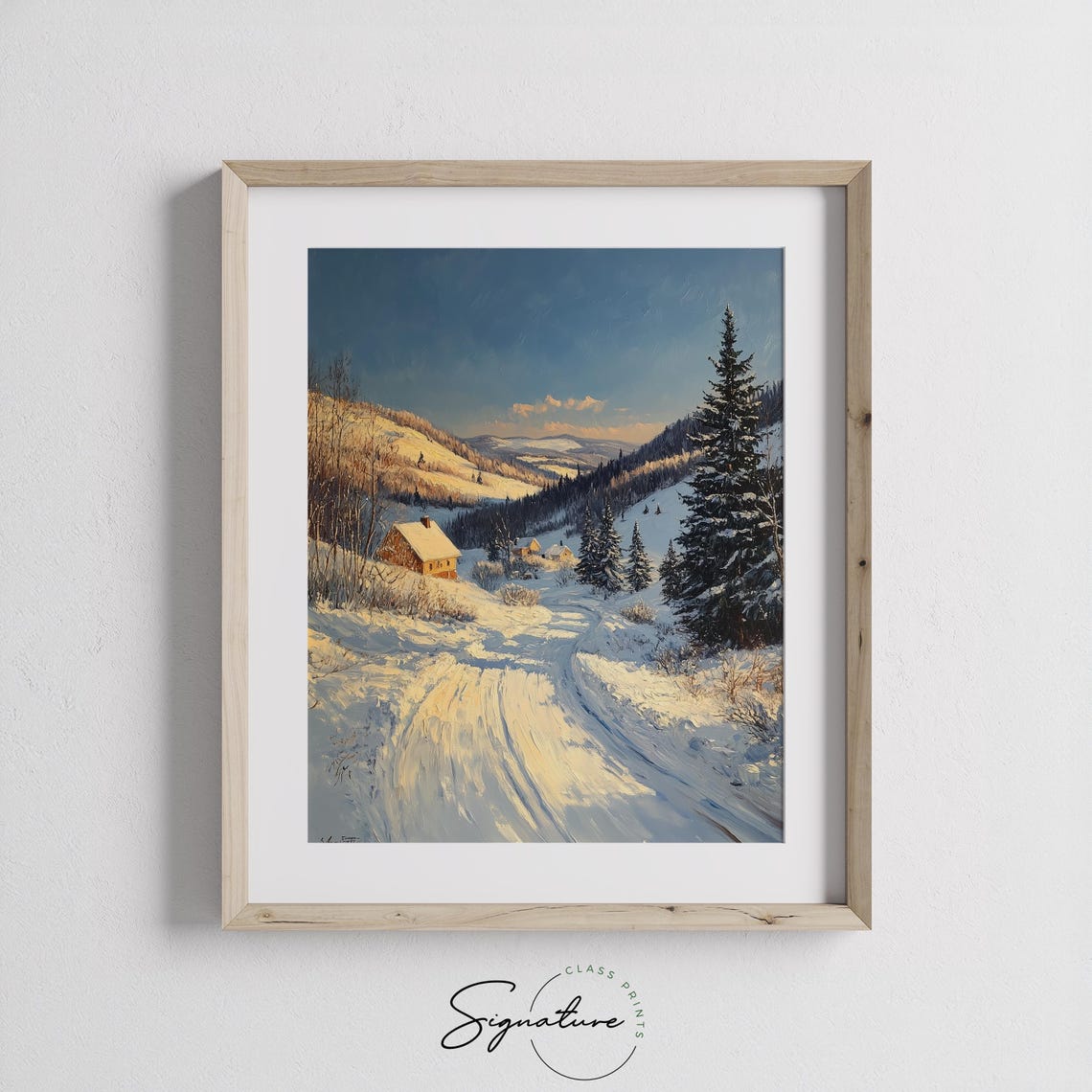 Golden Hour Glow On Snowy Mountain Road With Rustic Cabin Poster - Image 2
