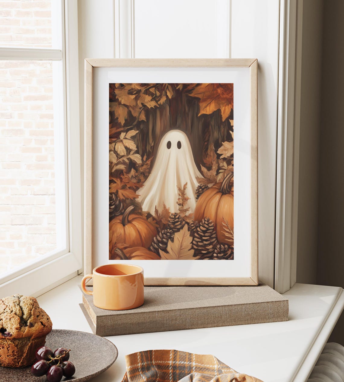 Cute Ghost Among Pumpkins And Fall Leaves Rustic Autumn Wall Art Earthy Halloween Decor Cottagecore Fall Print 1594 - Image 6