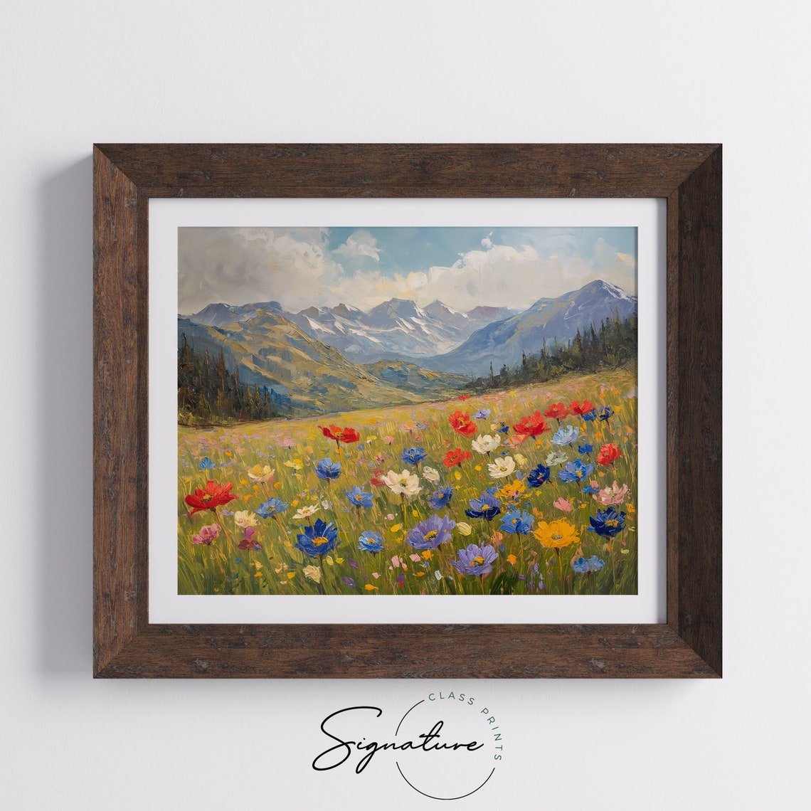Vibrant Wildflower Meadow Beneath Snowy Peaks Colorful Art Poster - Image 5