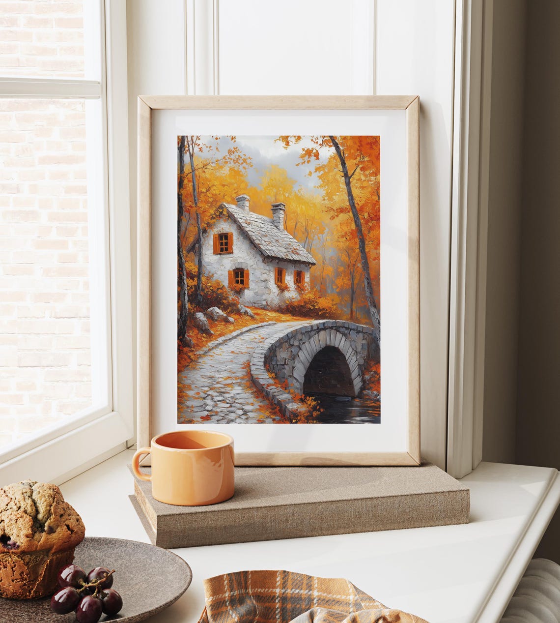 Autumn Stone Cottage Arched Bridge Forest Orange Shutters Poster - Image 6