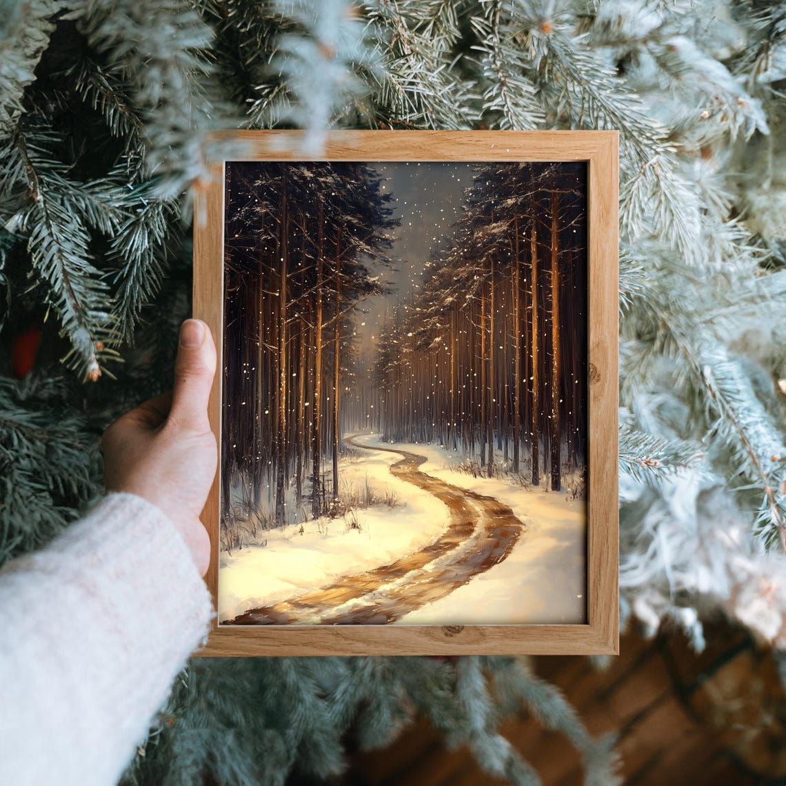 Snowy Forest Path at Night with Falling Snow in Dark Winter Poster - Image 6