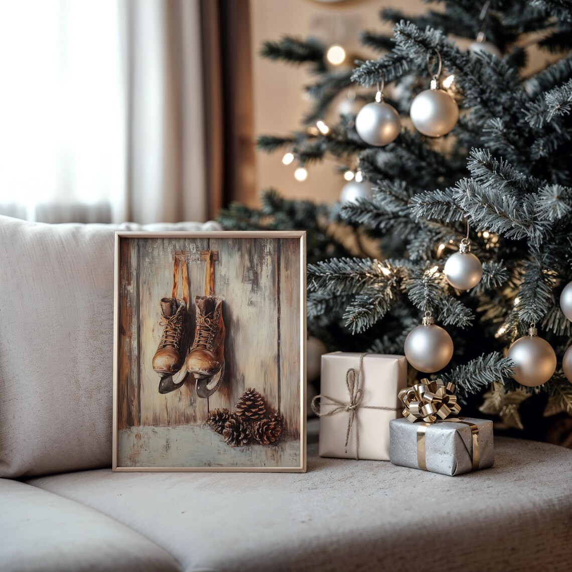 Pair of Vintage Ice Skates on Rustic Wood Winter Oil Painting Print - Image 5