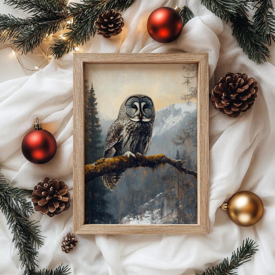 Majestic Great Grey Owl Snowy Mountain Branch Wildlife Art Poster - Image 4