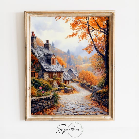 Ivy Covered Stone Cottage Along Cobblestone Path Rustic Fall Village Scene Earthy Countryside Decor Cottagecore Wall Art Print 1813