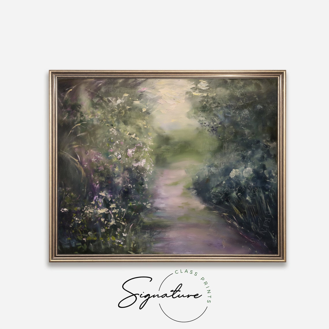 Moody Garden Path with Pink Blossoms Hazy Impressionist Poster - Image 4