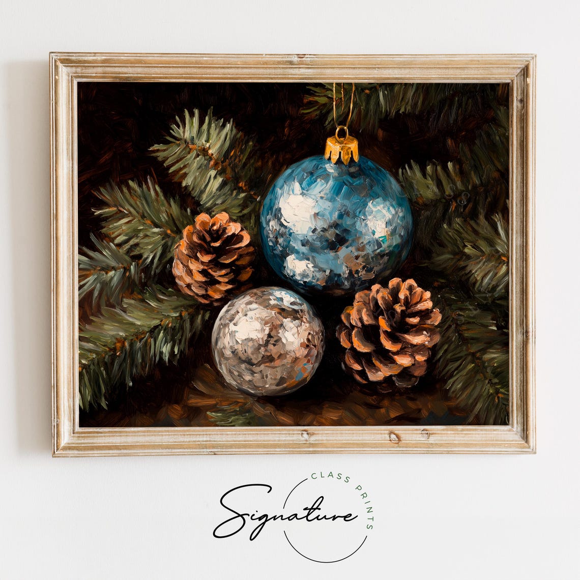 Blue And Silver Christmas Ornaments With Pinecones On Pine Poster