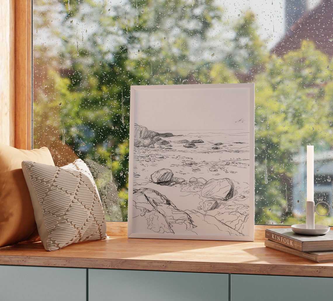 Rocky Shoreline At Low Tide Beach Coastal Line Sketch Poster Art - Image 2