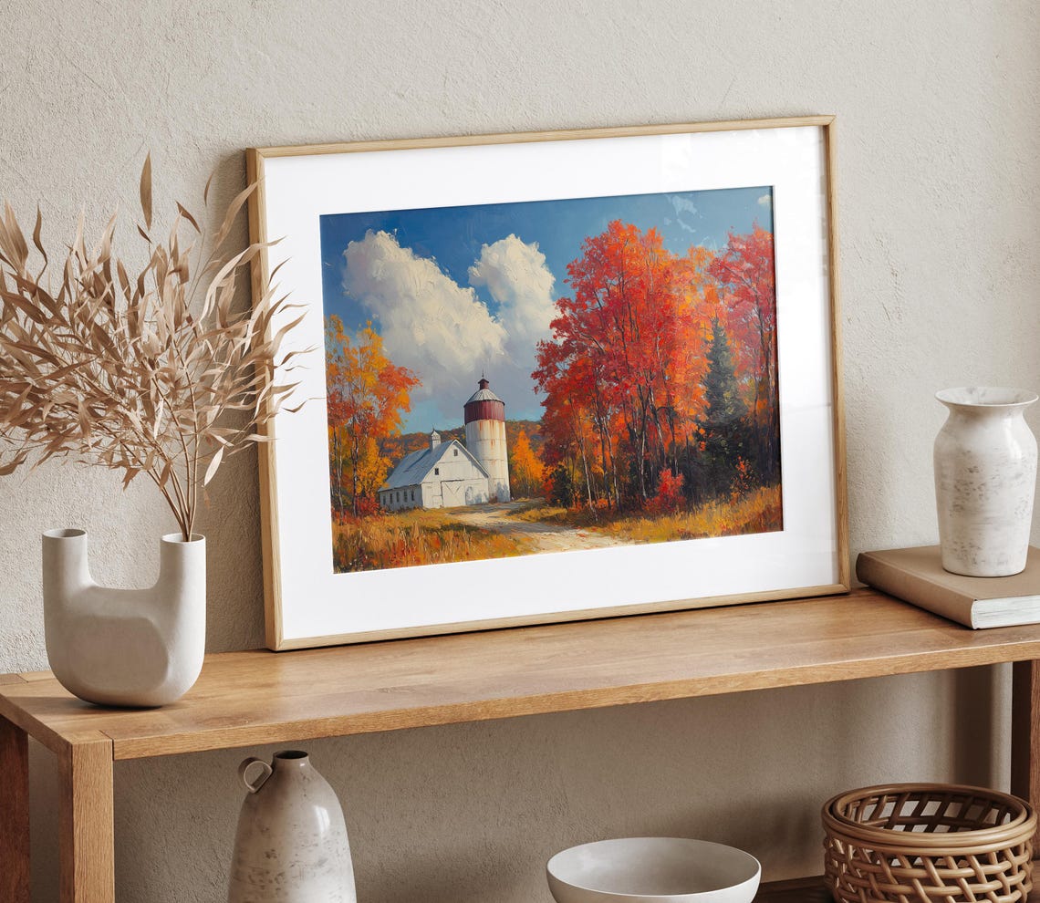 White Barn And Silo Among Blazing Red Trees Under Blue Sky Poster - Image 4