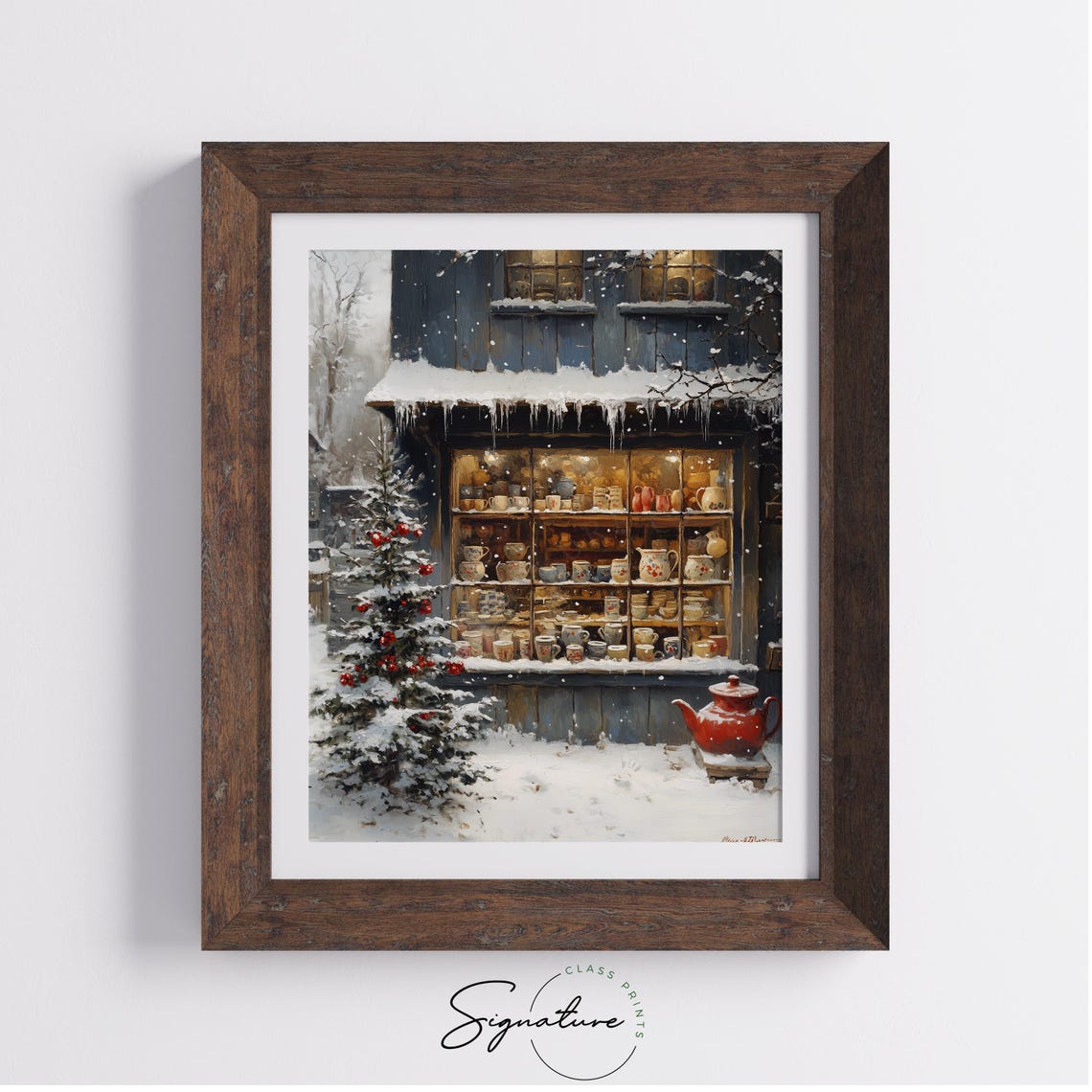 Cozy Winter Shop Window with Mugs and Teapots Snow Scene Poster - Image 3