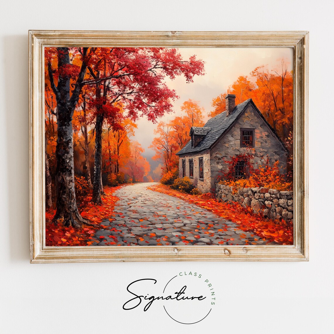 Stone Cottage Autumn Lane Falling Leaves Rustic Fall Landscape Wall Art