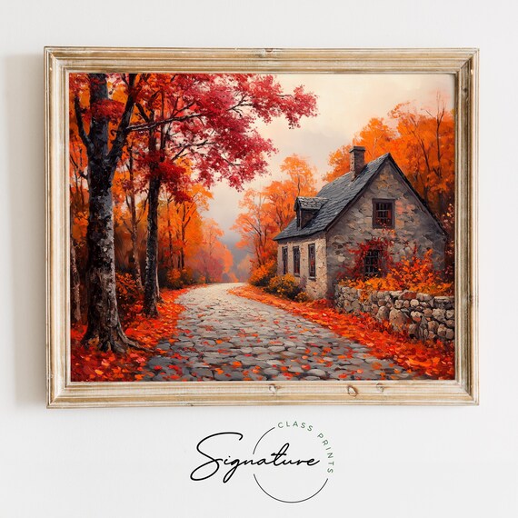 Stone Cottage Autumn Lane Falling Leaves Rustic Fall Landscape Wall Art
