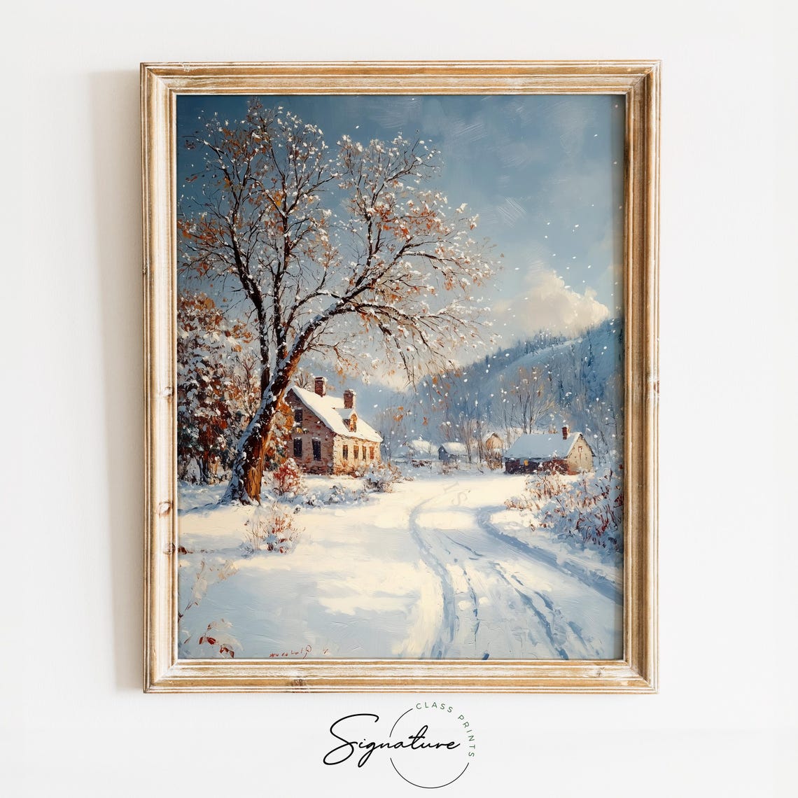Snowy Village With Big Oak Tree And Cottages At Midday Poster