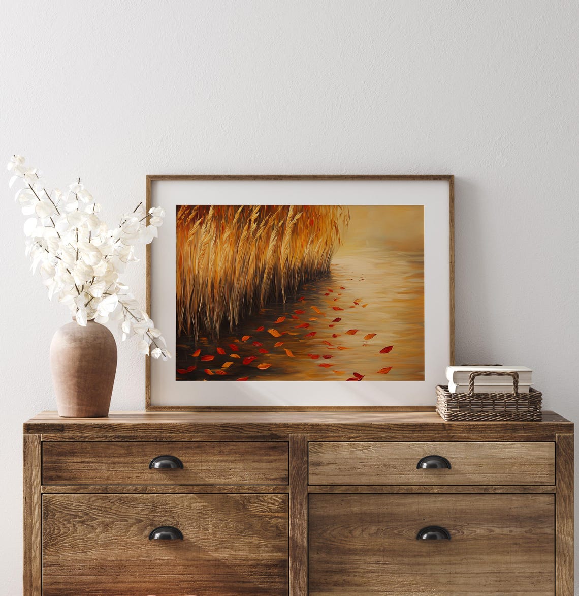 Golden Autumn Reeds By The Water With Floating Leaves Lakeside Poster - Image 3