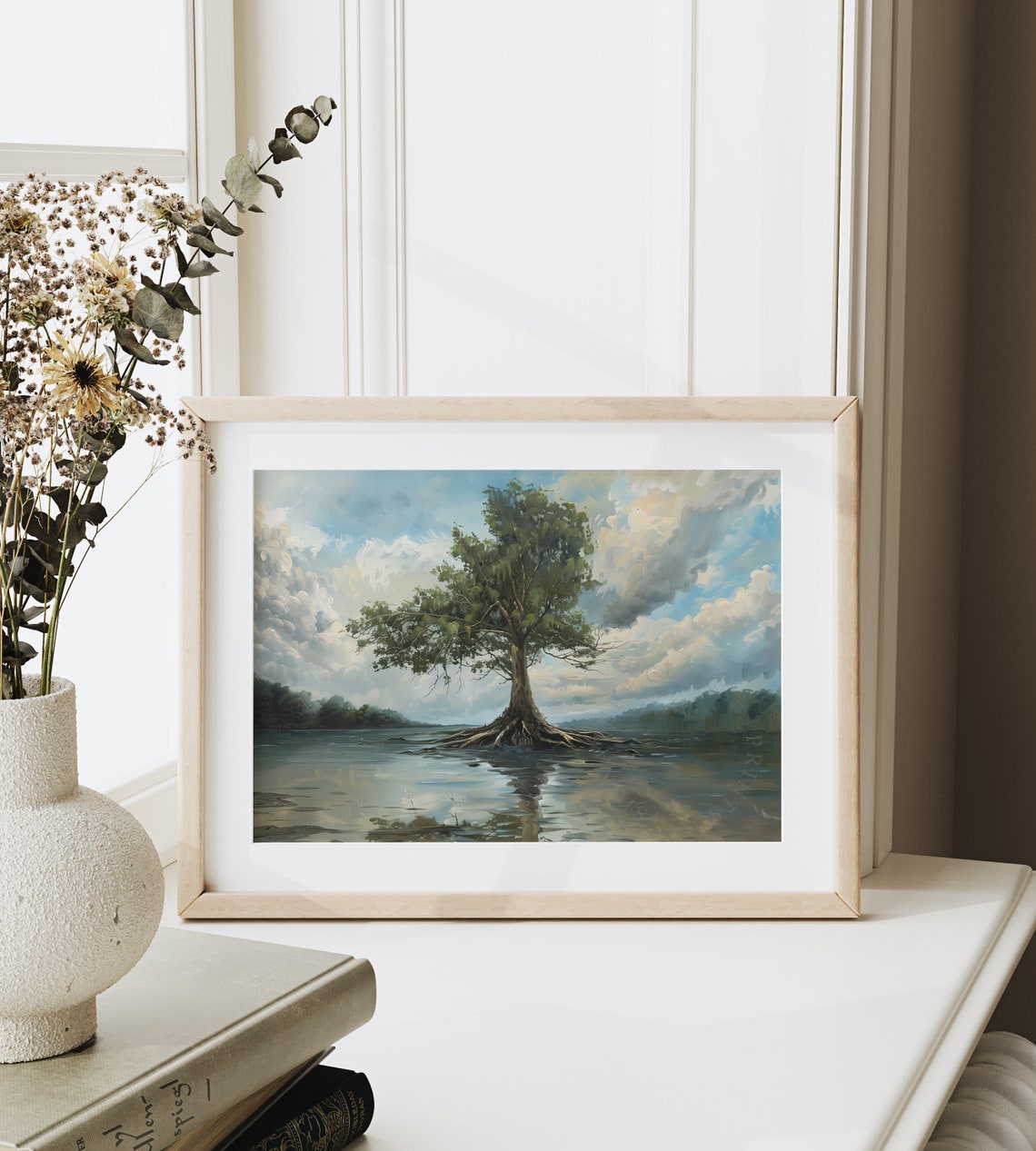Solitary Sycamore Tree River Reflection Dramatic Clouds Poster - Image 6