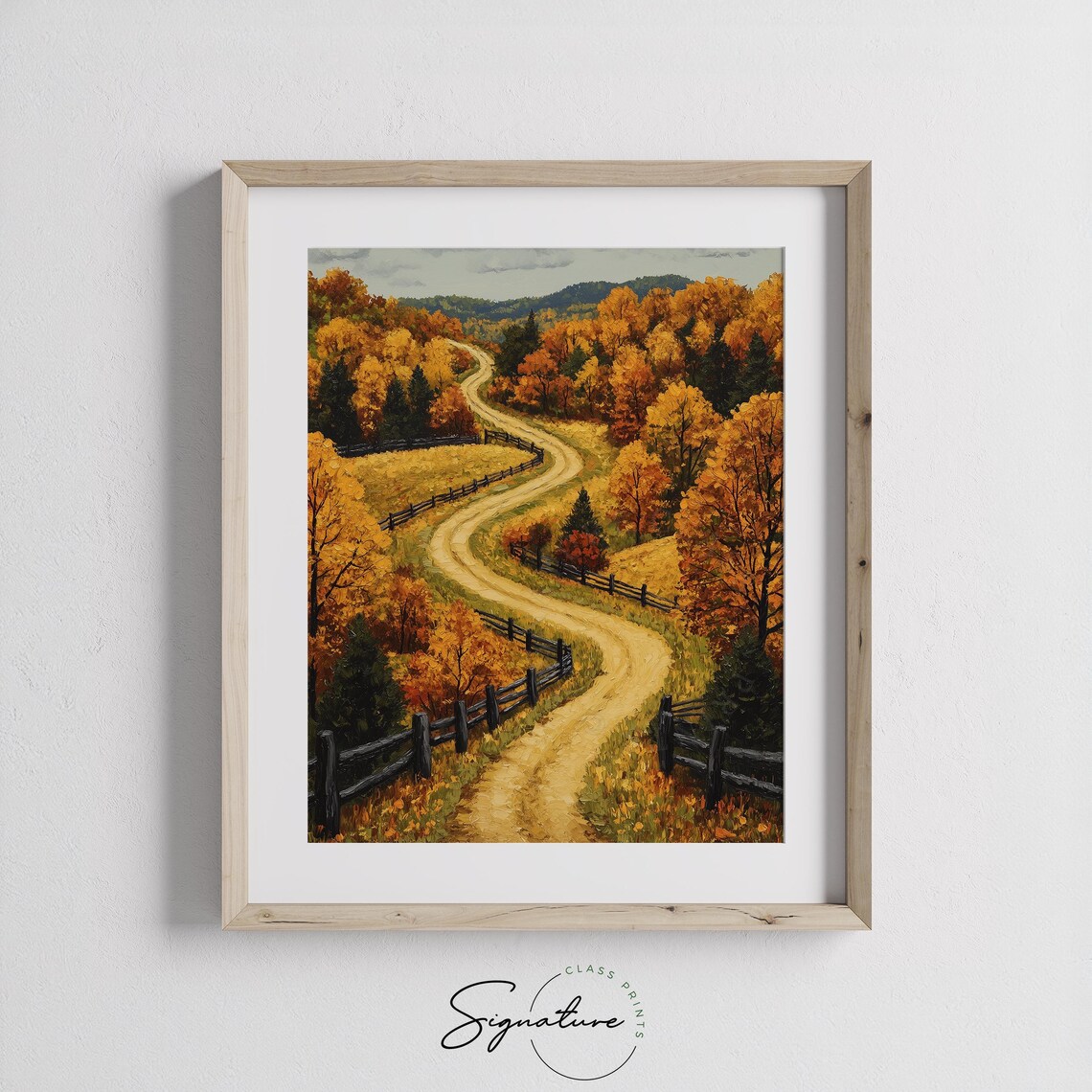 Winding Fence Road Autumn Forest Hilltop Scenic Painting Print - Image 3