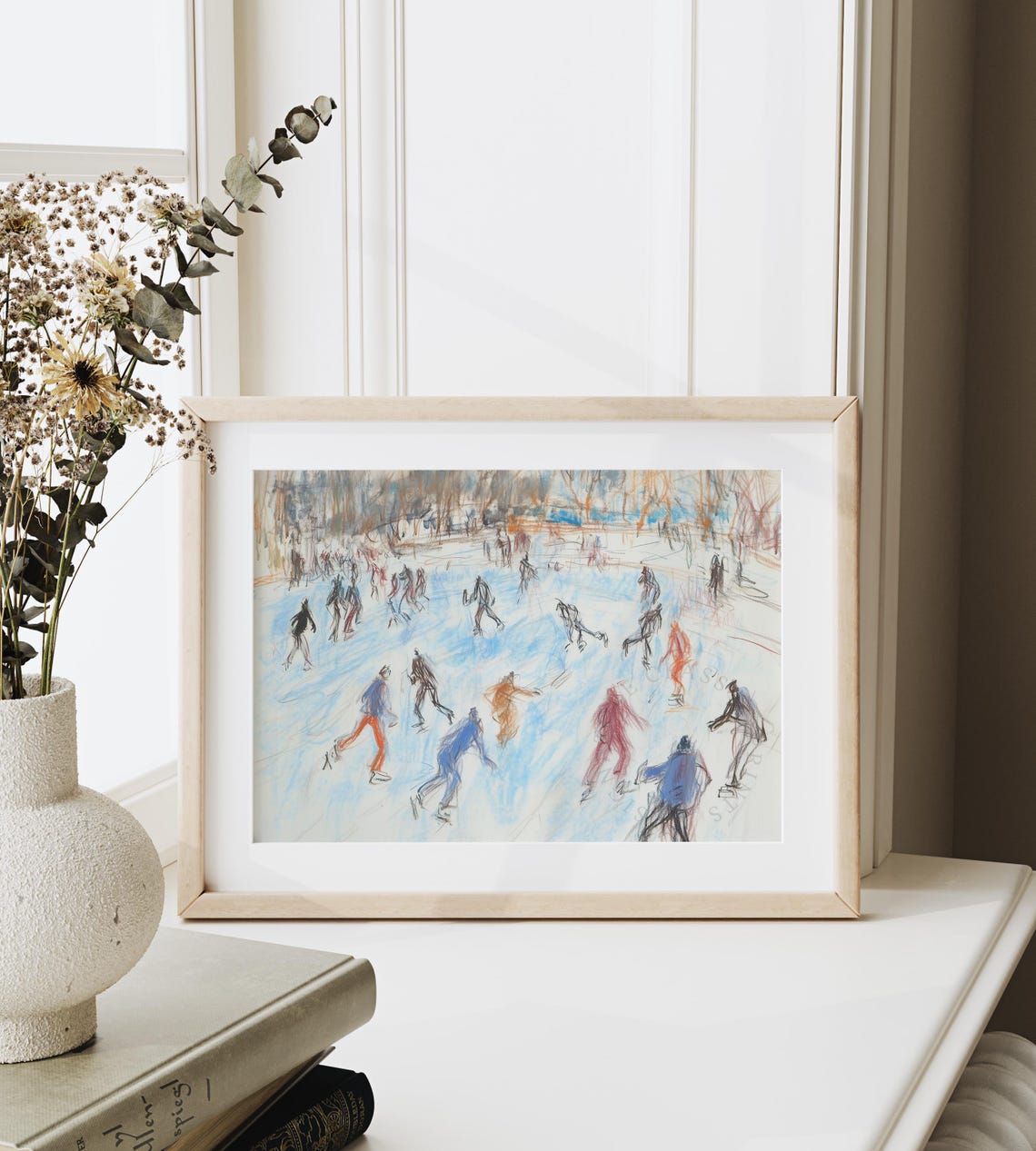 Group Ice Skating On Frozen Pond Loose Sketch Style Winter Poster - Image 6