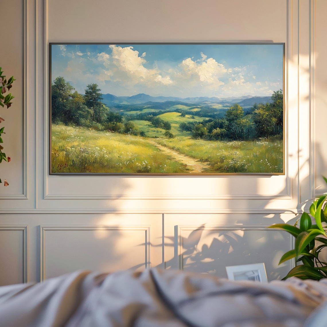Sunlit Rolling Green Hills Winding Dirt Path Impressionist Oil Poster - Image 6
