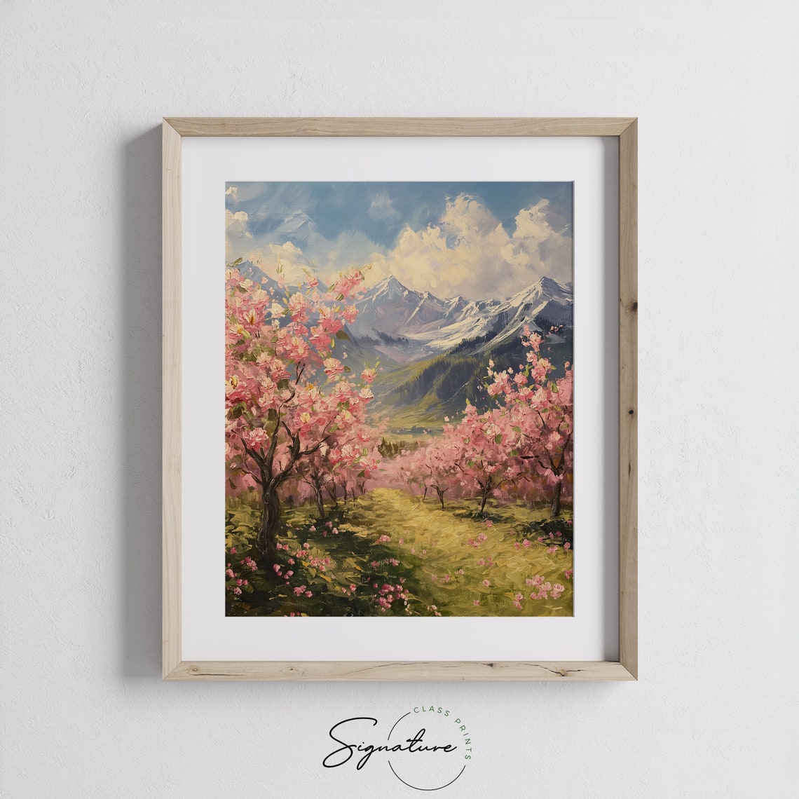 Pink Blossom Orchard Golden Meadow Spring Snowy Mountain Poster - Image 3