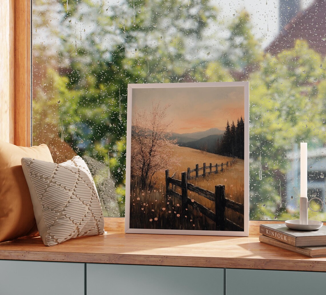 Blossoming Tree Wooden Fence Sunset Over Golden Hills Landscape Poster - Image 6
