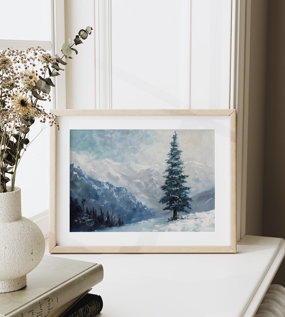 Tall Lone Spruce Before Blue Mountain Winter Snow Scene Poster - Image 6