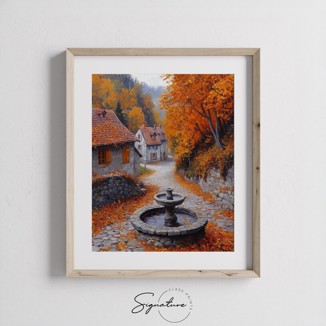 Autumn Village Fountain Old Town Cobblestone Street Orange Trees Poster - Image 3