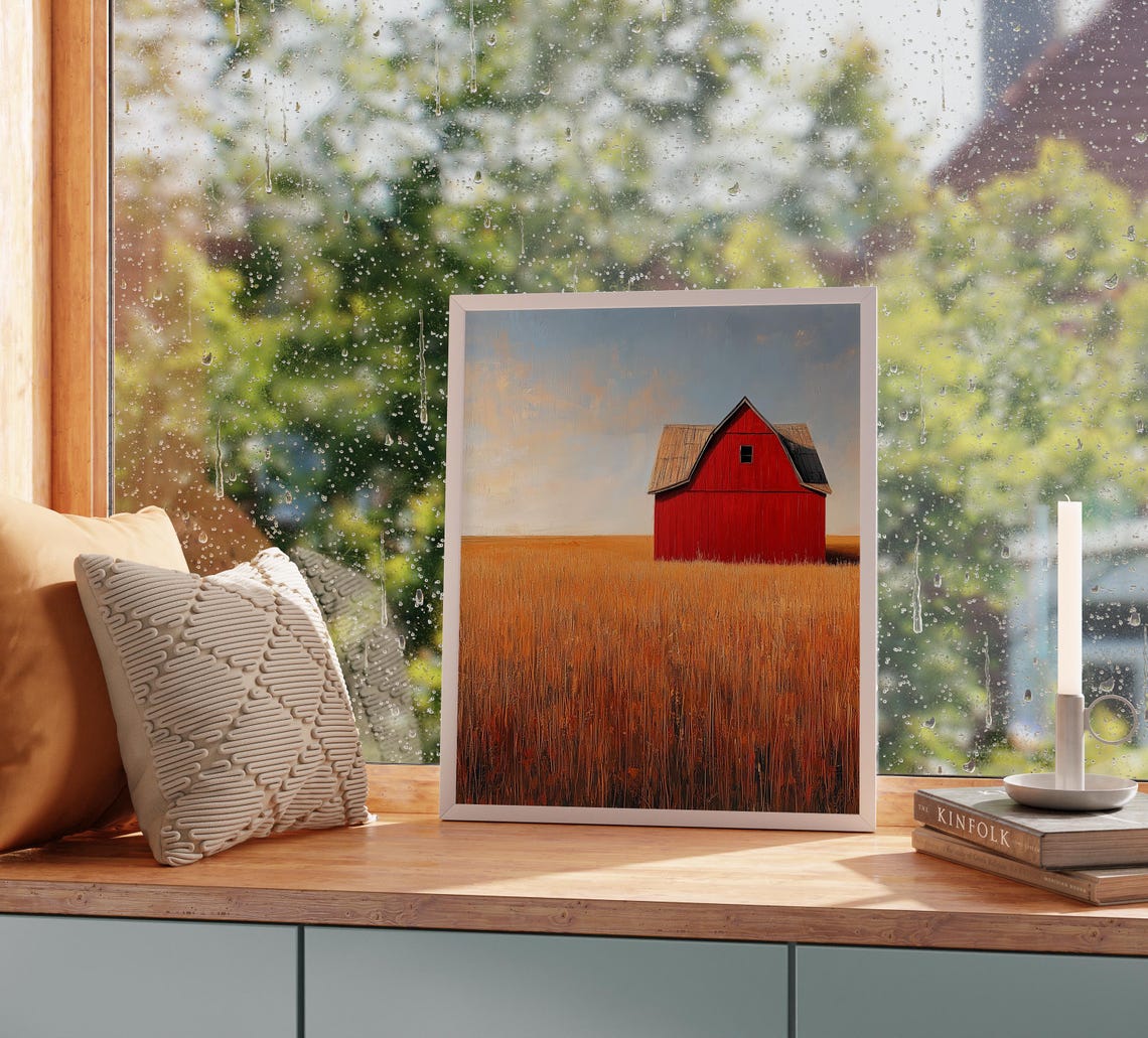 Solitary Red Barn Standing in a Vast Golden Field Minimalist Poster - Image 2