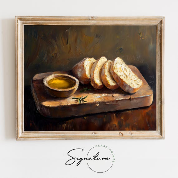 Freshly Baked Bread With Olive Oil On Cutting Board Warm Rustic Farmhouse Kitchen Wall Art Moody Christmas Winter Decor 2730