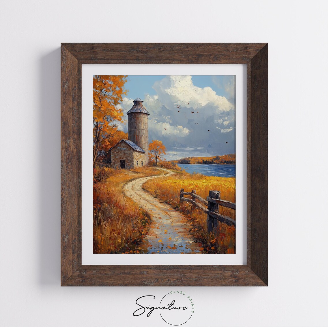 Stone Barn and Silo by the Lake With Winding Path and Rustic Fence Wall Art - Image 4