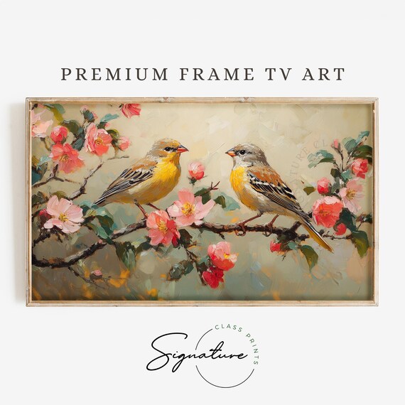 Pair Of Yellow Finches On Pink Blossom Branch Spring Nature Poster