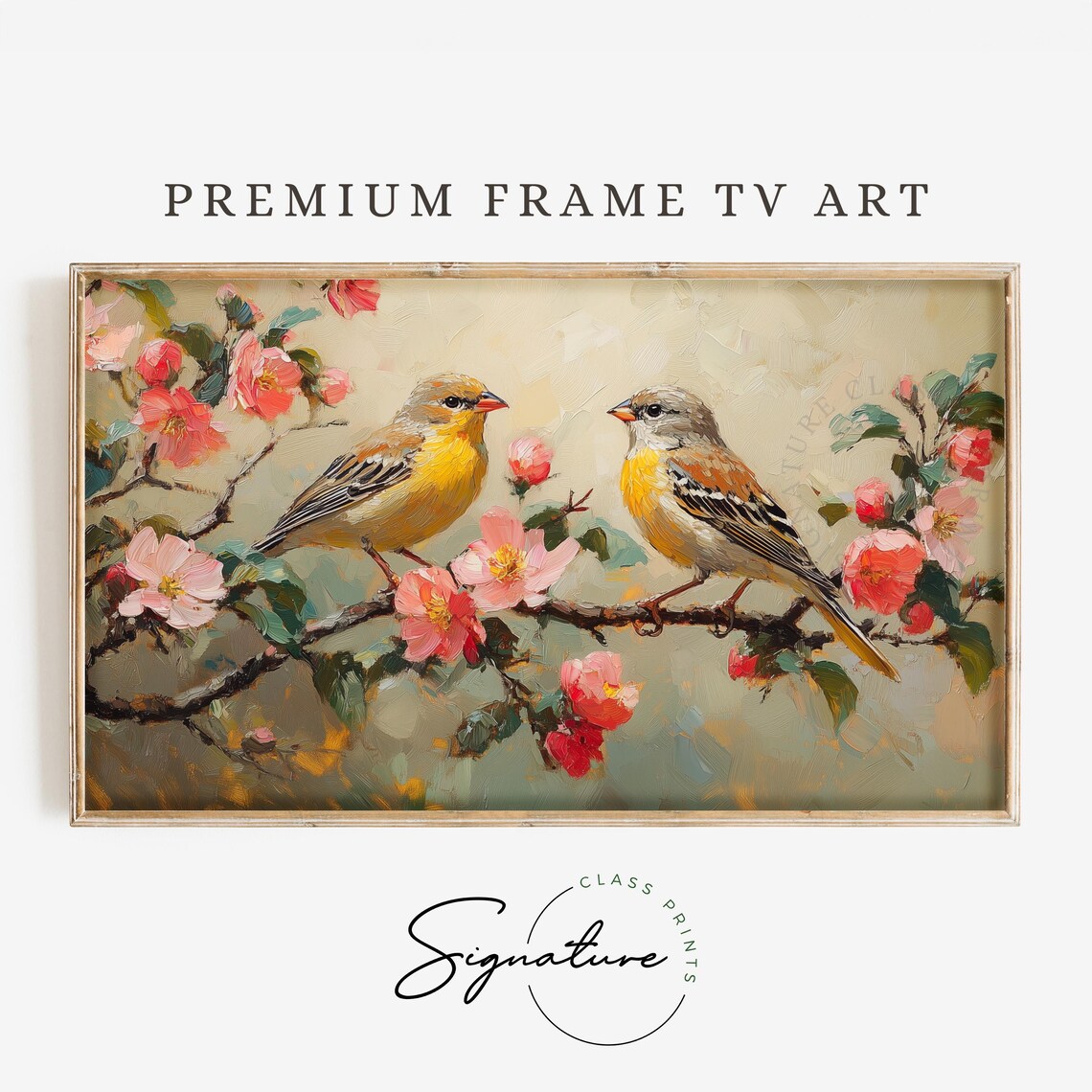 Pair Of Yellow Finches On Pink Blossom Branch Spring Nature Poster