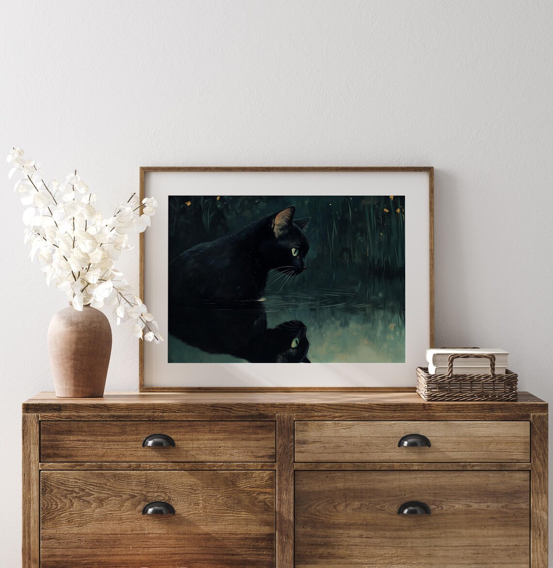 Black Cat Gazing at Its Reflection in Dark Mysterious Waters at Night Poster - Image 3