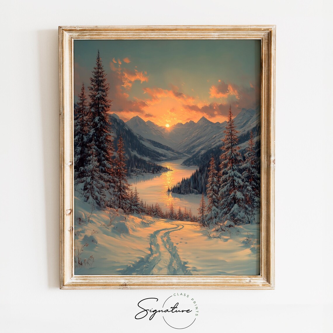 Golden Sunset Over Frozen Mountain Lake Snowy Landscape Poster