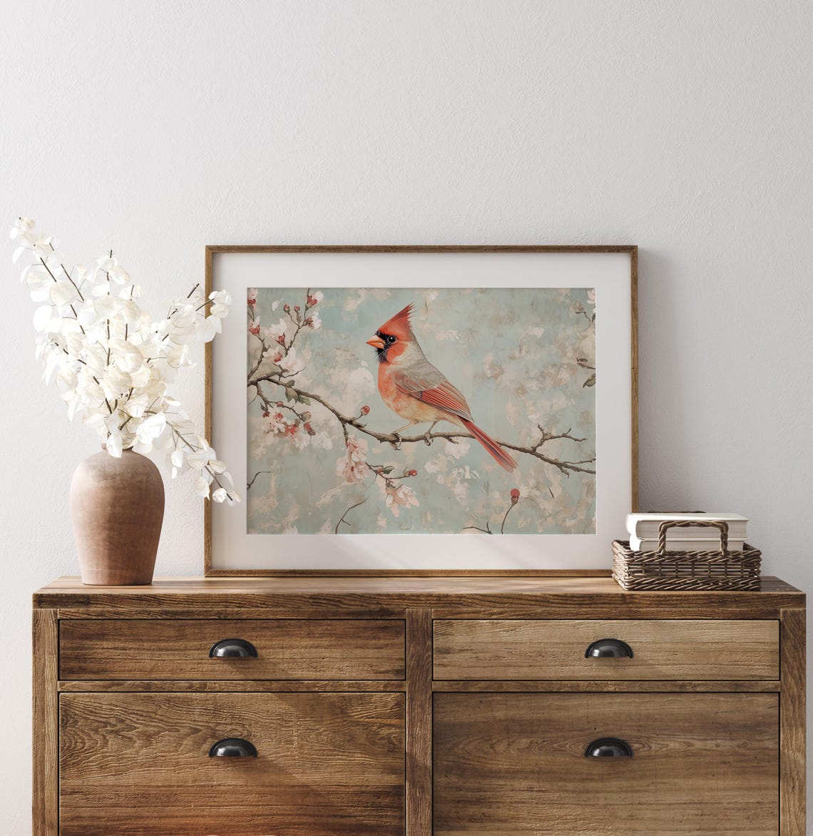 Bright Cardinal On Frosted Blossom Branch Vintage Bird Painting Poster - Image 2