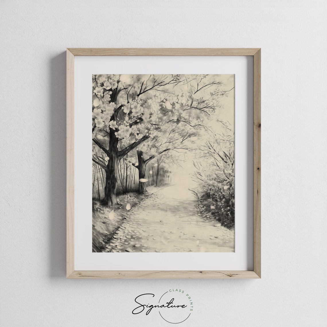 Cherry Blossom Path In Spring Monochrome Watercolor Art Poster - Image 3