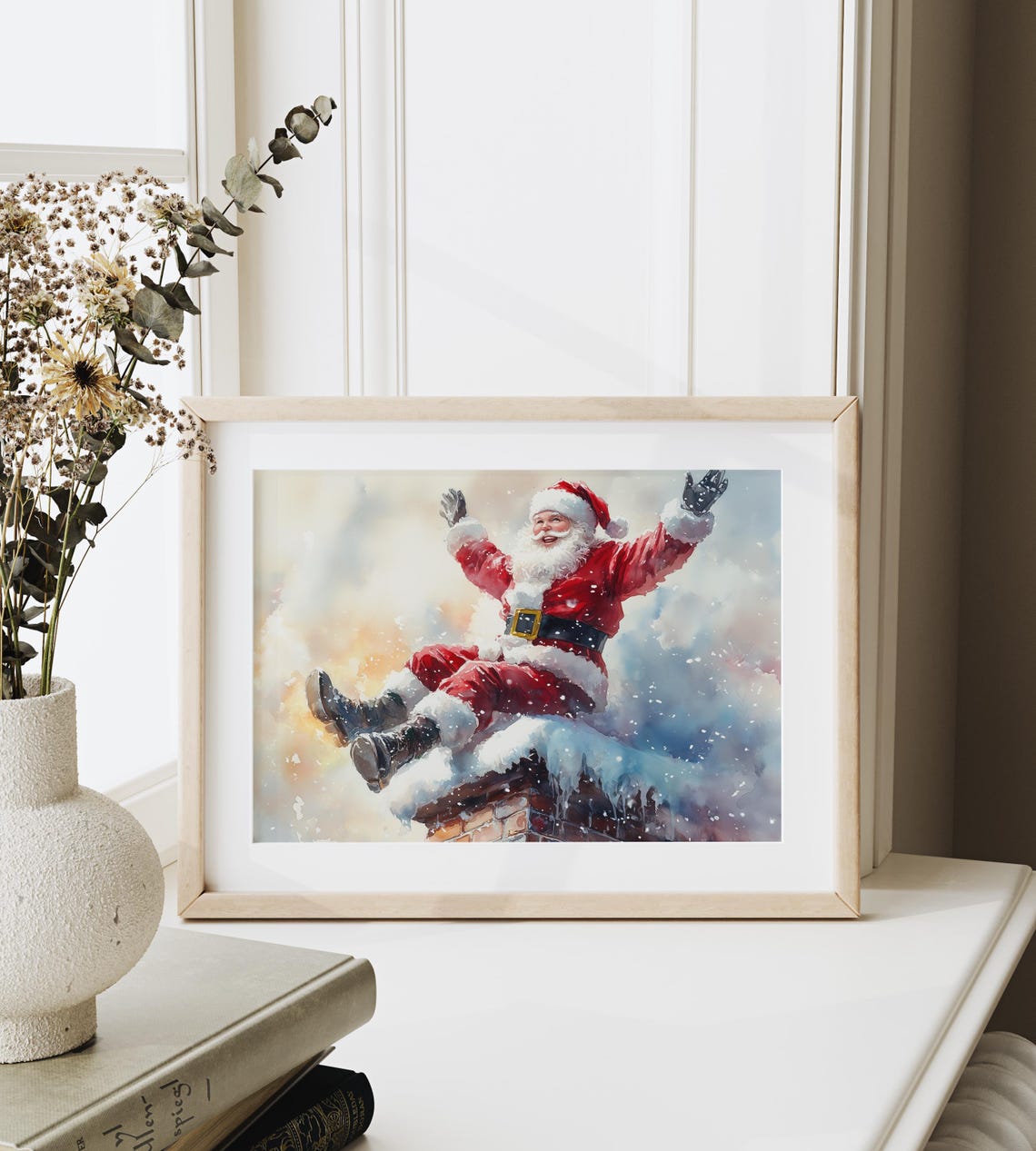Santa Claus Sitting On A Snowy Chimney With Arms Raised Art Poster - Image 6