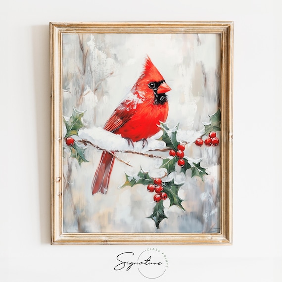 Red Cardinal on Snowy Branch Christmas Bird Art