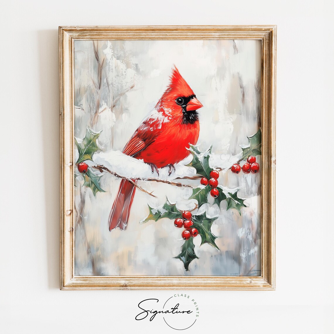 Red Cardinal on Snowy Branch Christmas Bird Art