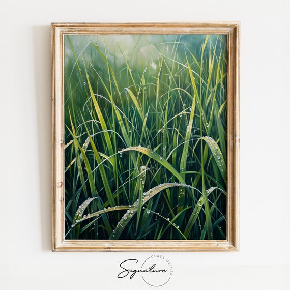 Morning Dew On Tall Grass Painting Fresh Dew Drops On Green Blades Nature Landscape Art Rustic Wall Decor Nature Calm 623