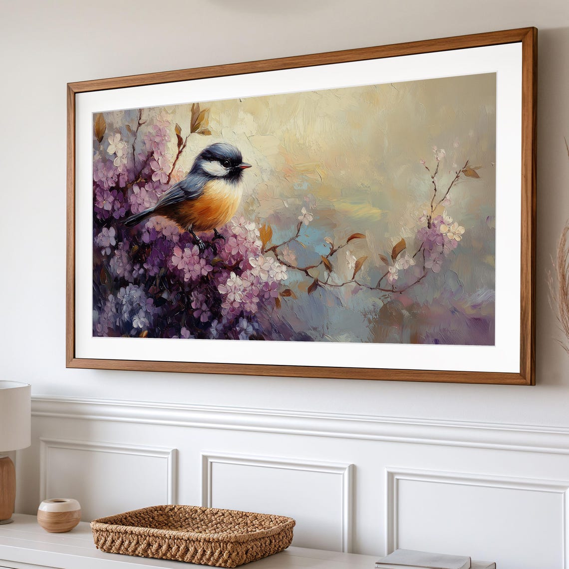 Chickadee On Lilac Blossoms Spring Oil Painting Bird Wall Art - Image 2