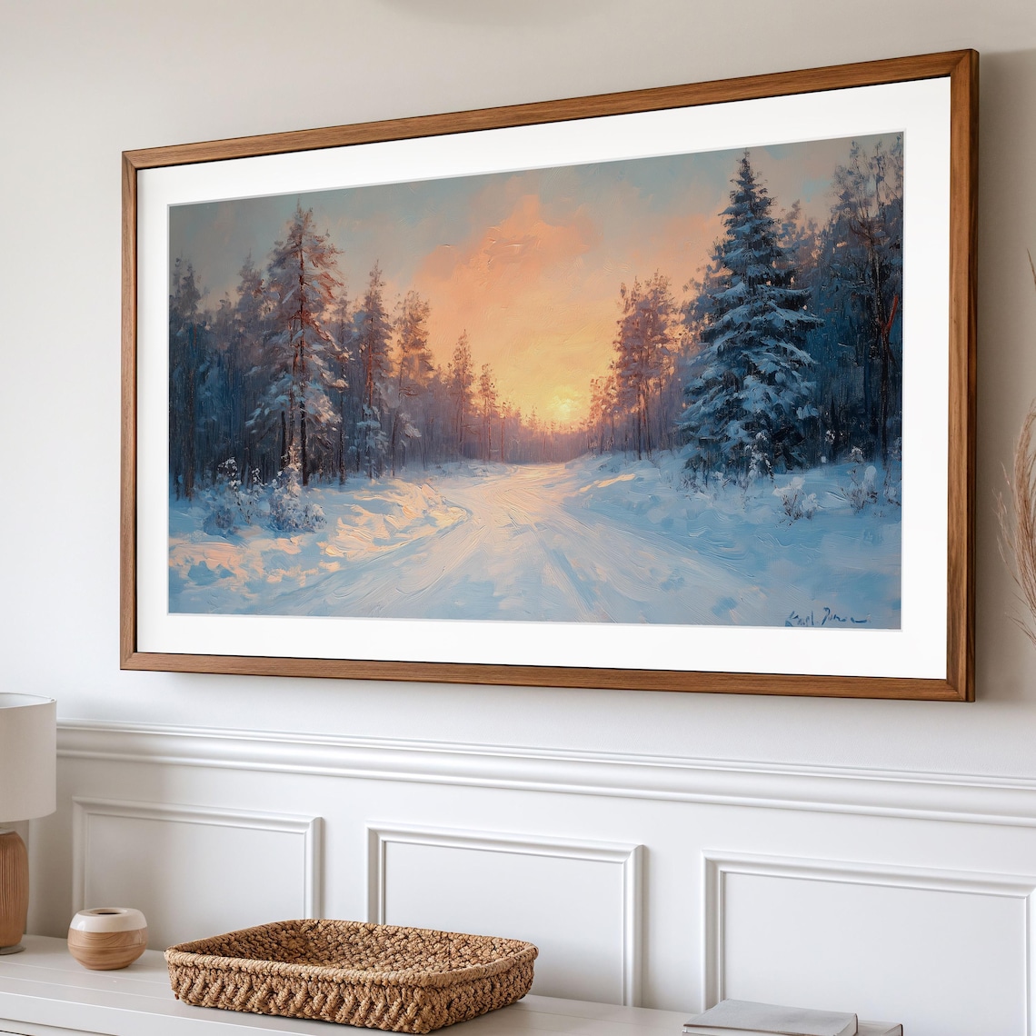 Snowy Forest Sunrise Winter Road Pine Trees Morning Glow Landscape Poster - Image 2