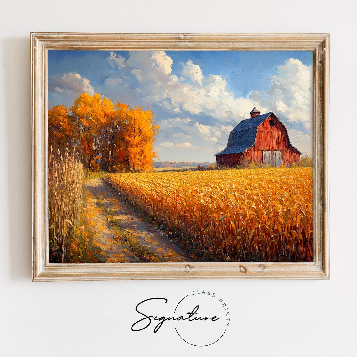 Red Barn Cornfield Autumn Treeline Dirt Path Harvest Scene Poster