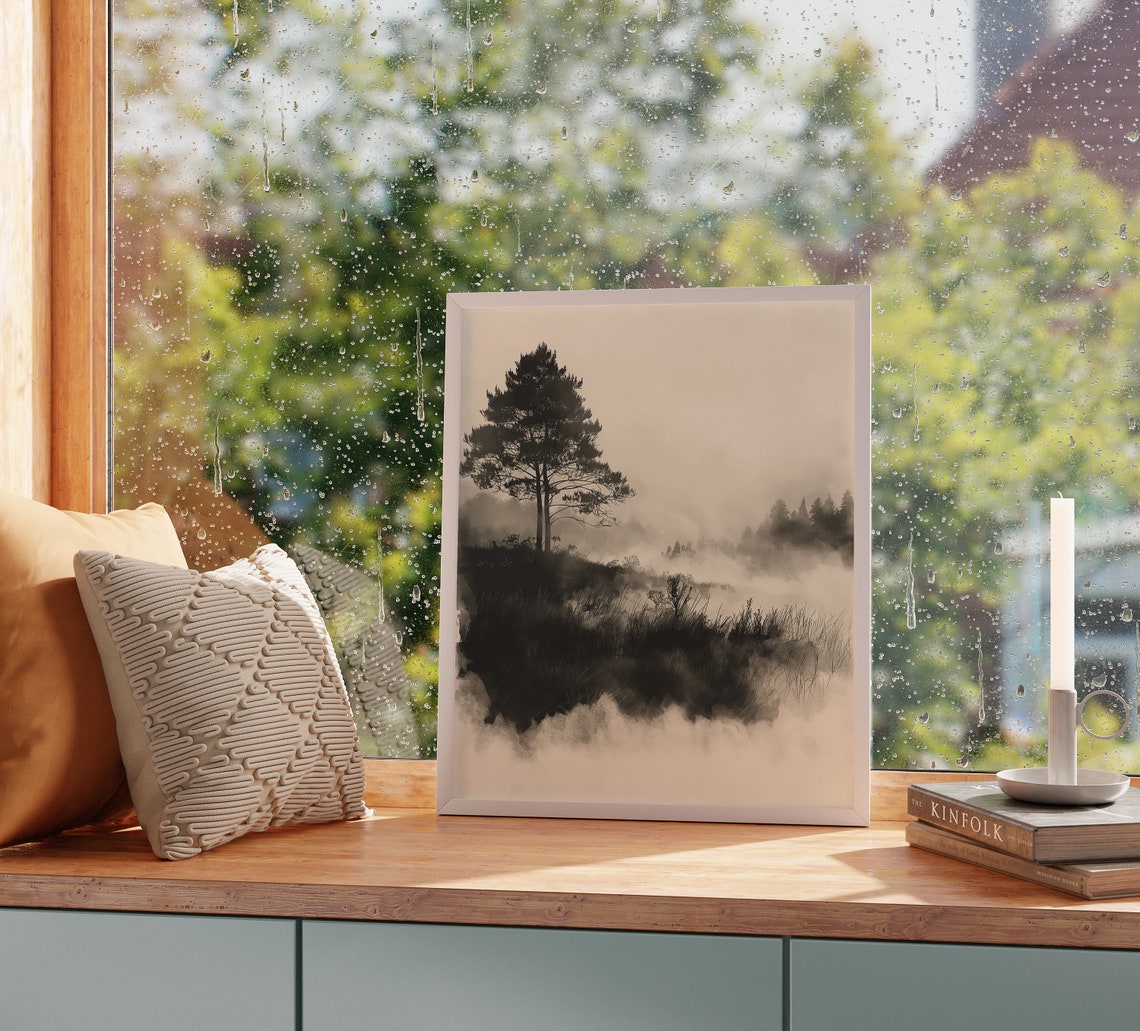 Lone Pine Tree In Morning Haze Misty Meadow Monochrome Poster - Image 2