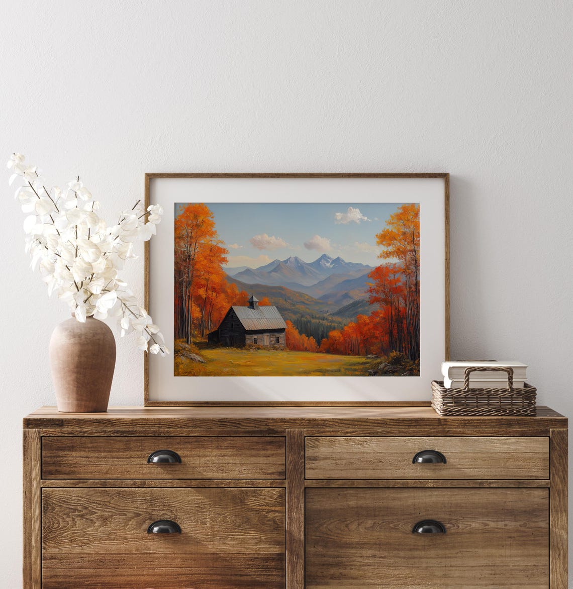 Rustic Barn With Cupola Autumn Trees Snowcapped Mountain Peaks Print - Image 3