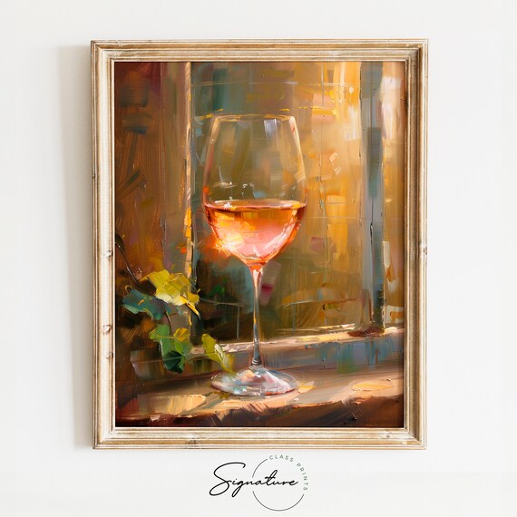 Glass of Rose Wine on Sunny Windowsill with Vine Leaves Poster