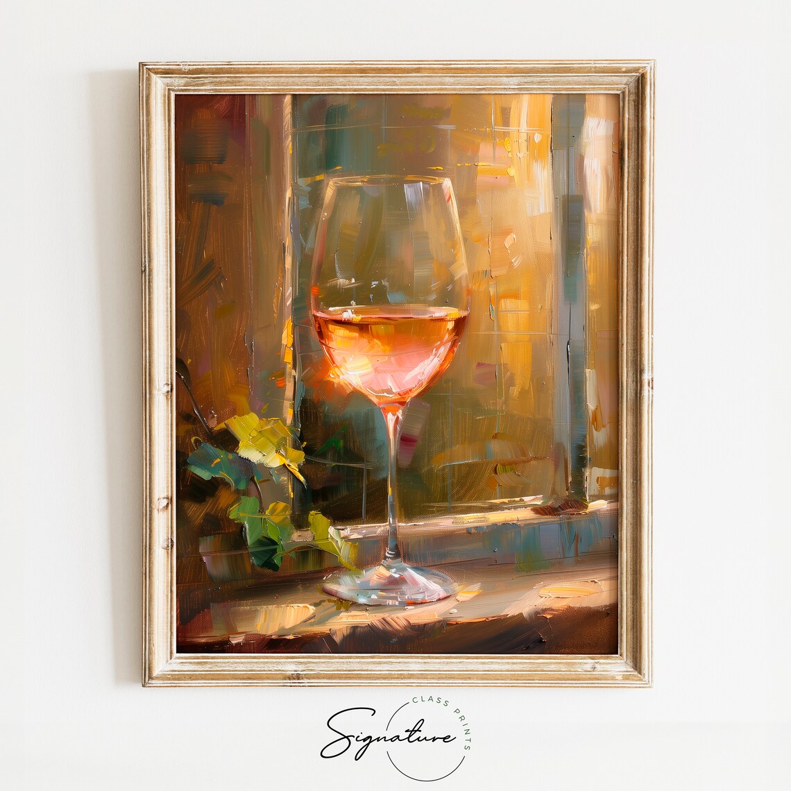 Glass of Rose Wine on Sunny Windowsill with Vine Leaves Poster