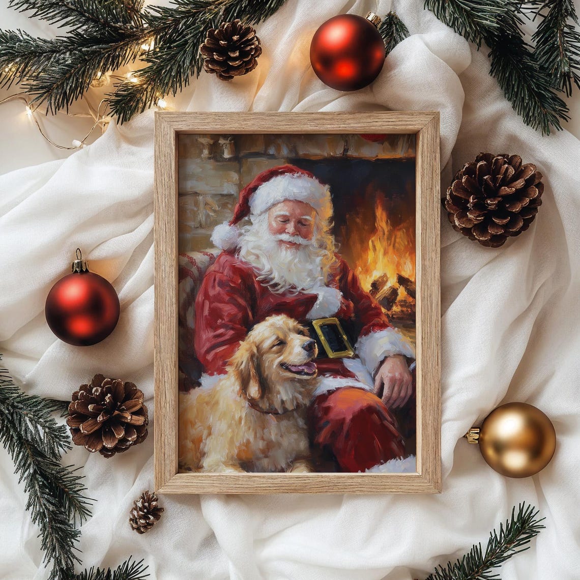 Santa Claus With Golden Retriever By Fireplace Holiday Art Poster - Image 3