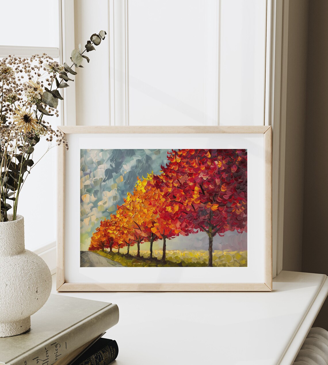 Blazing Autumn Maple Row Along Rural Road Impasto Fall Poster - Image 6